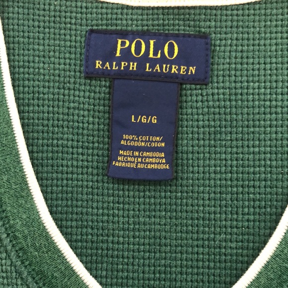 Polo Ralph Lauren Long Sleeve Waffle Green Men's V-neck Top L - Picture 3 of 3